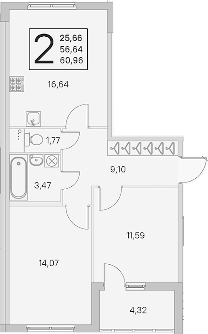 2-комнатная квартира 56.64 м², 1/4 эт., ЖК «Любоград в Стрельне»